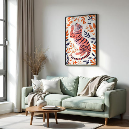 This stylized digital illustration features a tiger rendered in a unique palette of soft pink and b… for living room