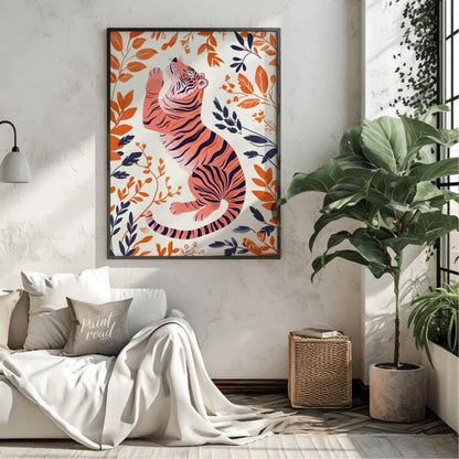 This stylized digital illustration features a tiger rendered in a unique palette of soft pink and b… for living room