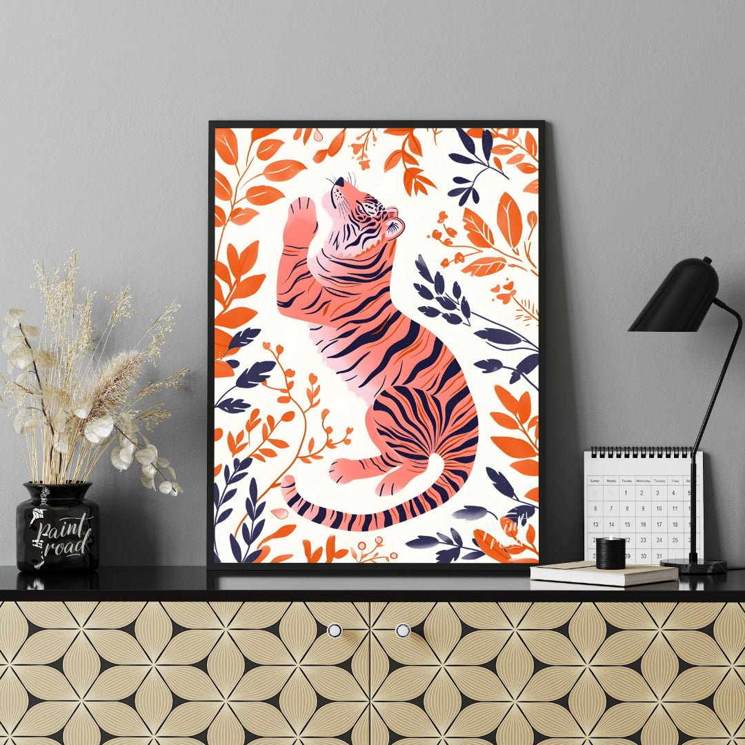 This stylized digital illustration features a tiger rendered in a unique palette of soft pink and b… for office