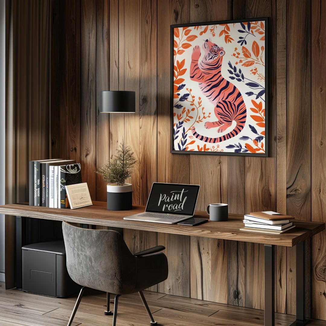 This stylized digital illustration features a tiger rendered in a unique palette of soft pink and b… for office
