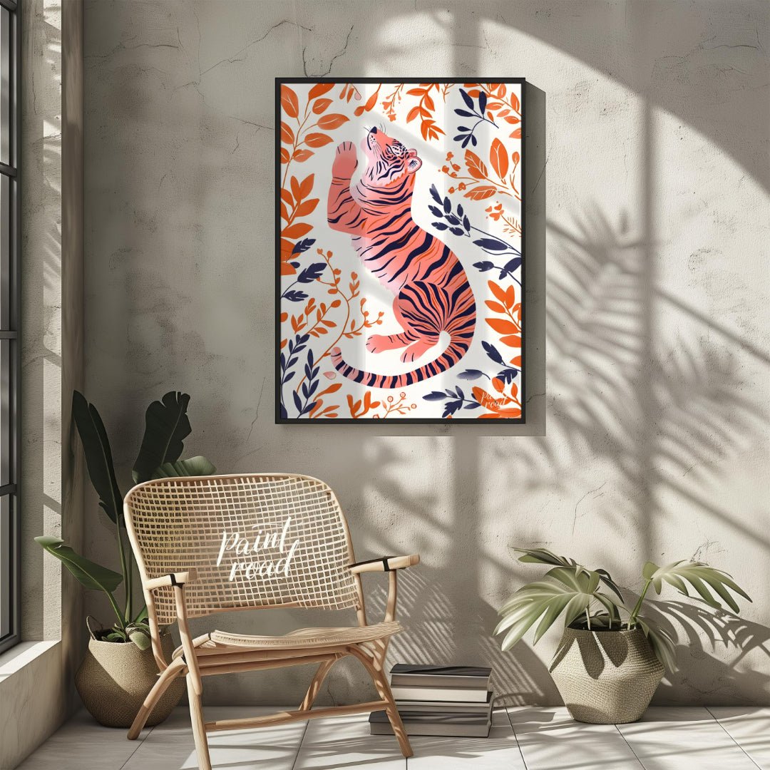 This stylized digital illustration features a tiger rendered in a unique palette of soft pink and b… for other