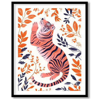 This stylized digital illustration features a tiger rendered in a unique palette of soft pink and b… for place