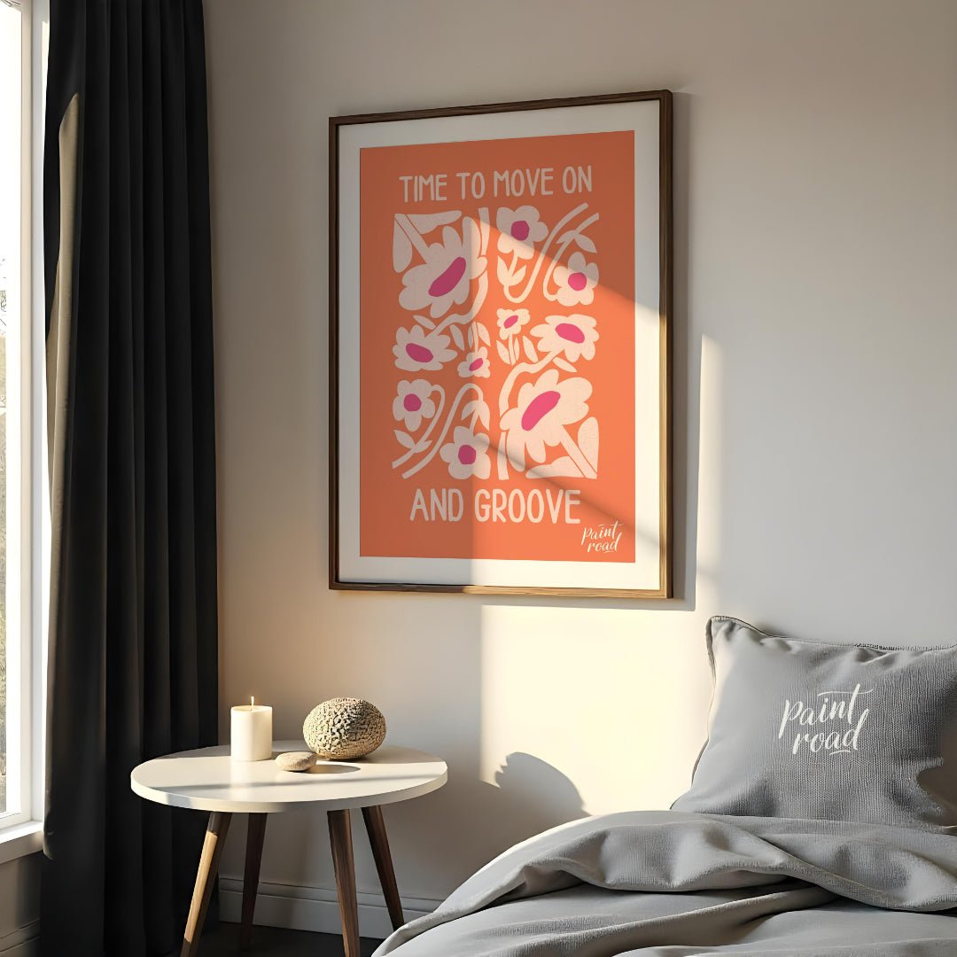 "Time to Groove" presents a vibrant and uplifting design featuring stylized flowers and the empower… for bedroom