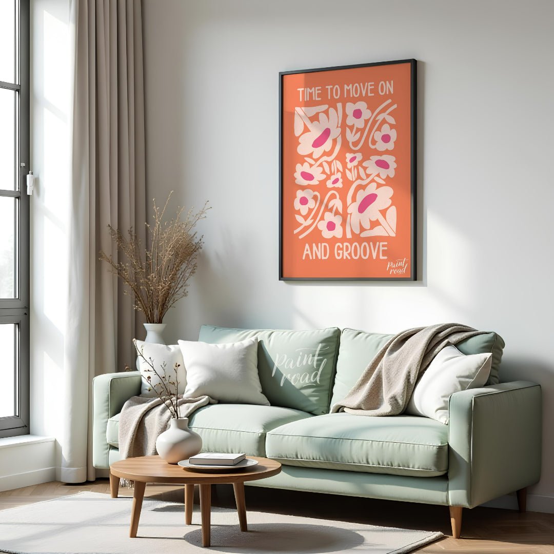 "Time to Groove" presents a vibrant and uplifting design featuring stylized flowers and the empower… for living room