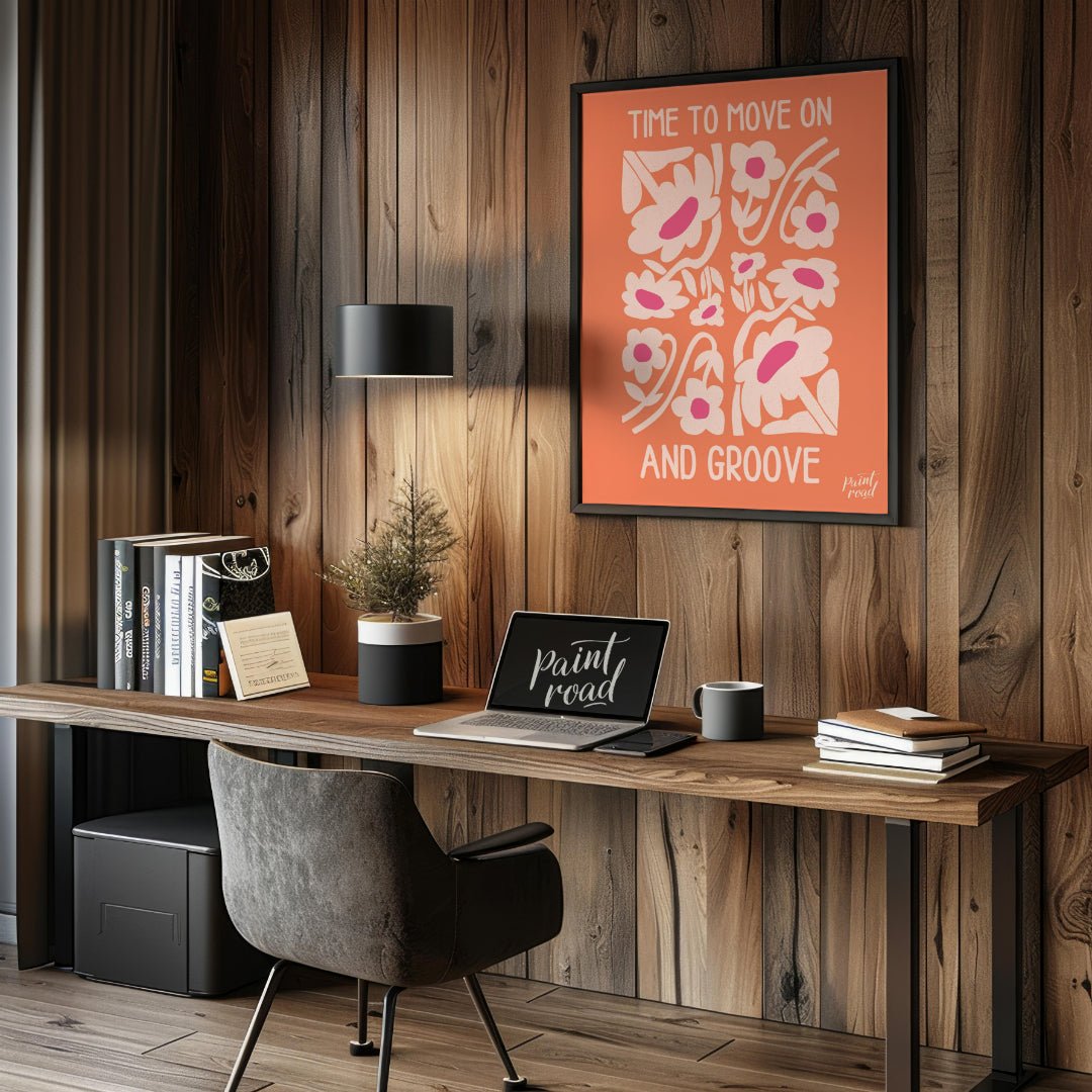 "Time to Groove" presents a vibrant and uplifting design featuring stylized flowers and the empower… for office