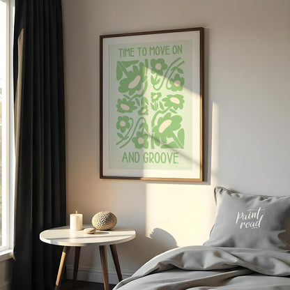 This vibrant and uplifting artwork features the phrase “TIME TO MOVE ON AND GROOVE” in a playful, r… for bathroom