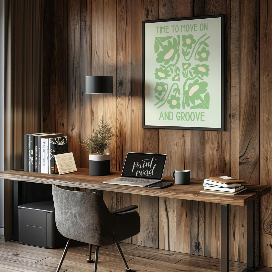 This vibrant and uplifting artwork features the phrase “TIME TO MOVE ON AND GROOVE” in a playful, r… for bedroom