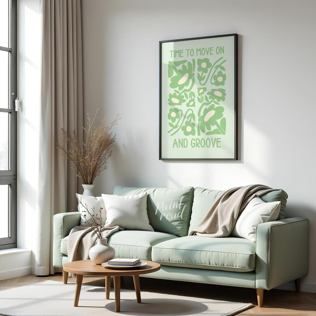This vibrant and uplifting artwork features the phrase “TIME TO MOVE ON AND GROOVE” in a playful, r… for dining room