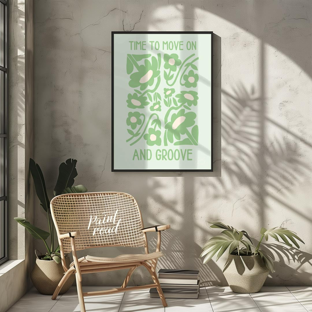 This vibrant and uplifting artwork features the phrase “TIME TO MOVE ON AND GROOVE” in a playful, r… for living room