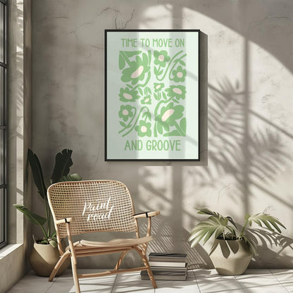 This vibrant and uplifting artwork features the phrase “TIME TO MOVE ON AND GROOVE” in a playful, r… for living room