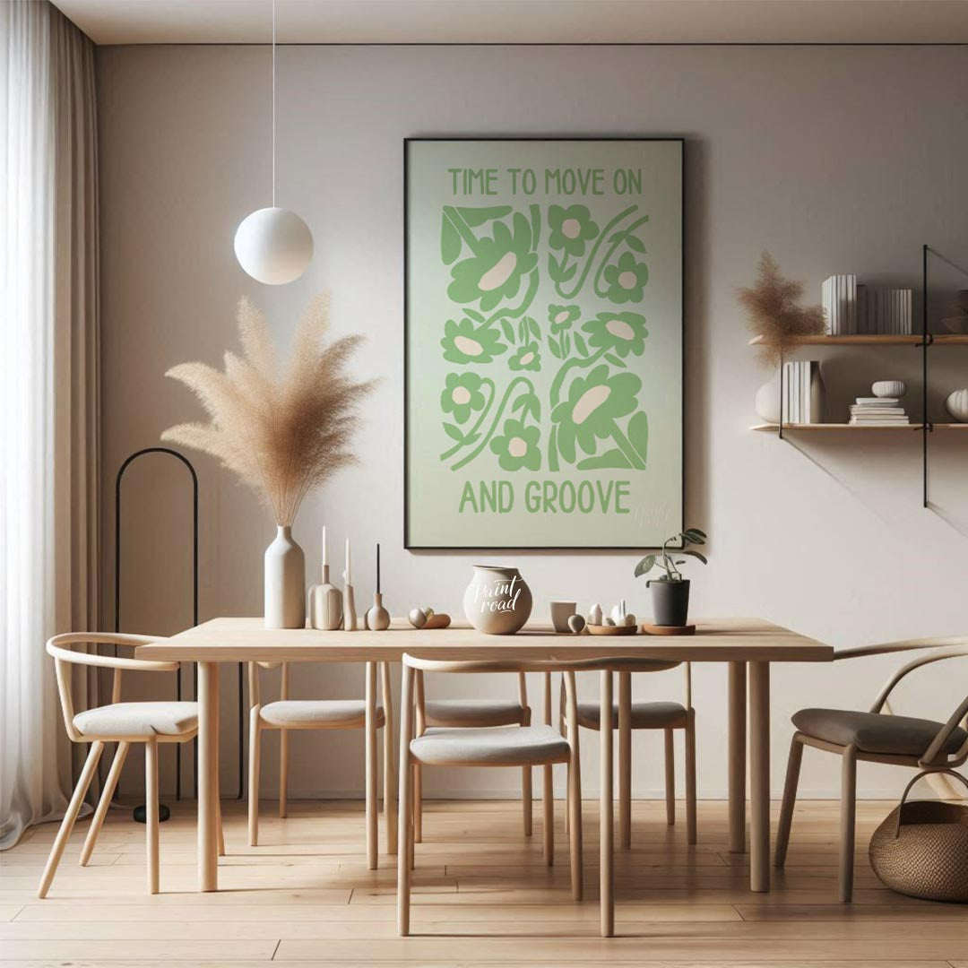 This vibrant and uplifting artwork features the phrase “TIME TO MOVE ON AND GROOVE” in a playful, r… for living room
