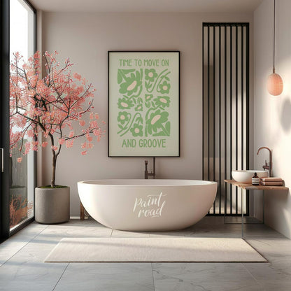 This vibrant and uplifting artwork features the phrase “TIME TO MOVE ON AND GROOVE” in a playful, r… for room
