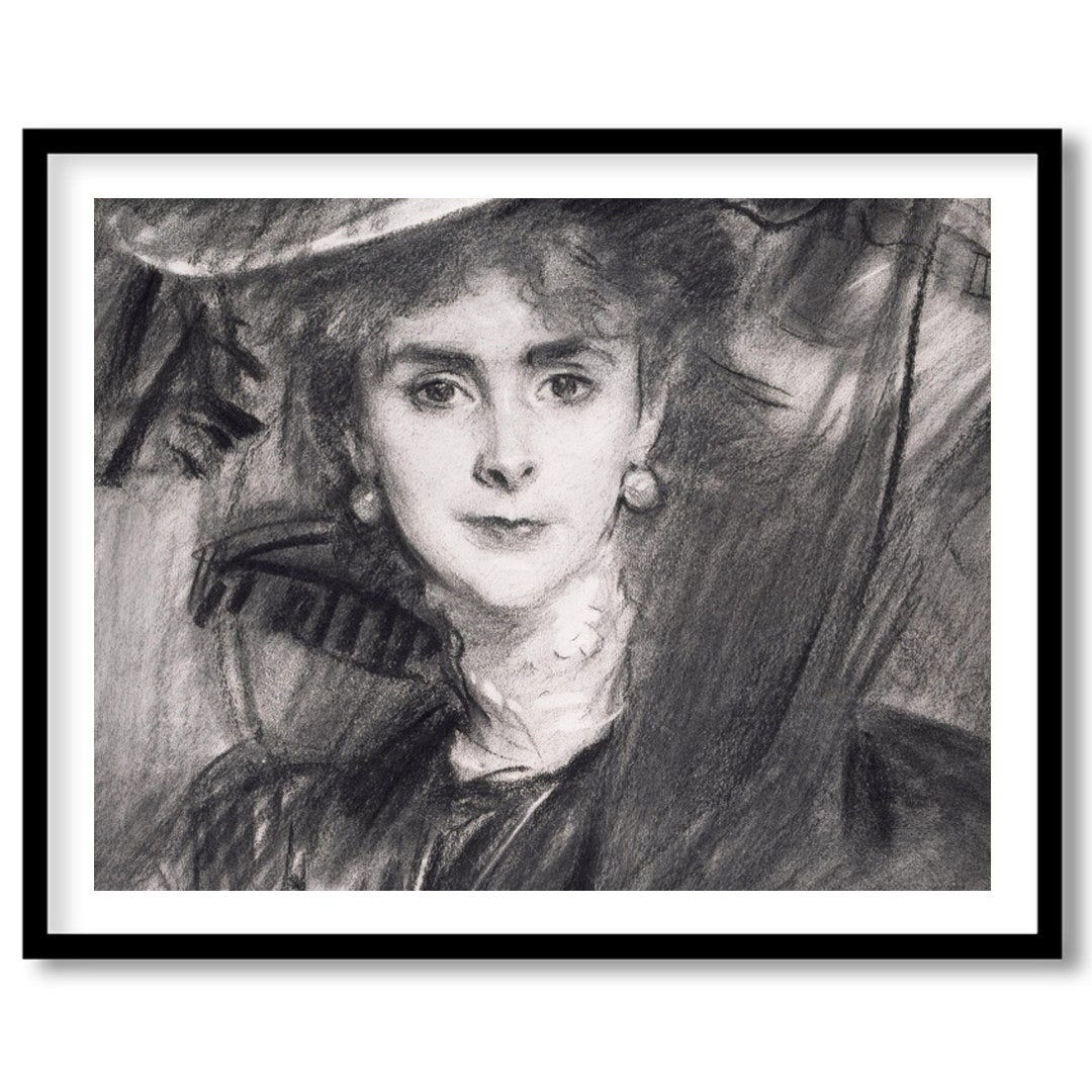 This exquisite charcoal portrait captures the timeless grace and poise of a lady from a bygone era. for area