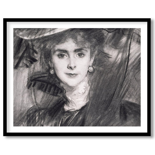 This exquisite charcoal portrait captures the timeless grace and poise of a lady from a bygone era. for area