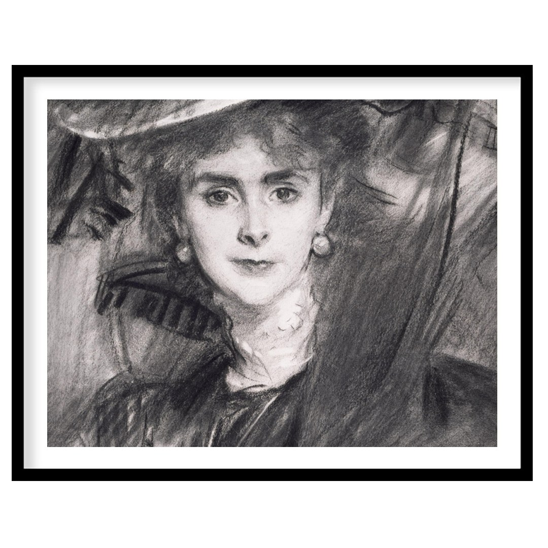 This exquisite charcoal portrait captures the timeless grace and poise of a lady from a bygone era. for area