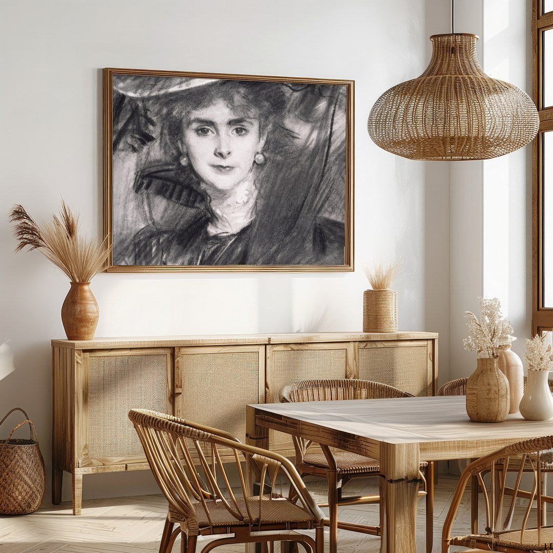 This exquisite charcoal portrait captures the timeless grace and poise of a lady from a bygone era. for Dining