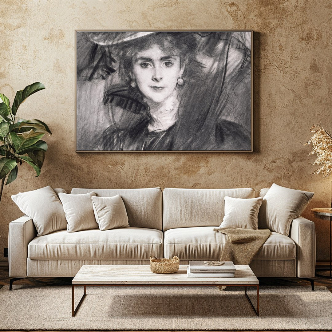 This exquisite charcoal portrait captures the timeless grace and poise of a lady from a bygone era. for Family Room