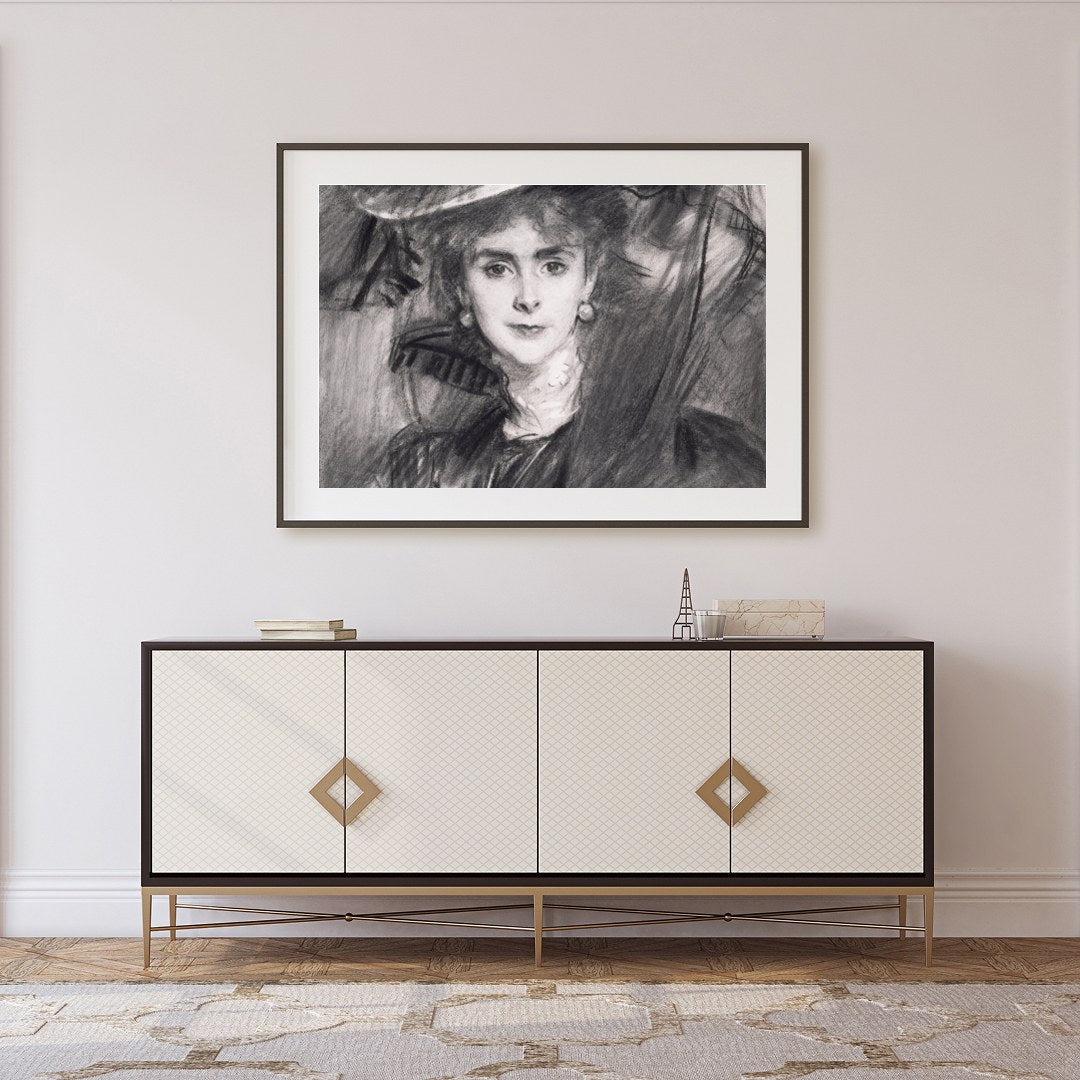 This exquisite charcoal portrait captures the timeless grace and poise of a lady from a bygone era. for Foyer
