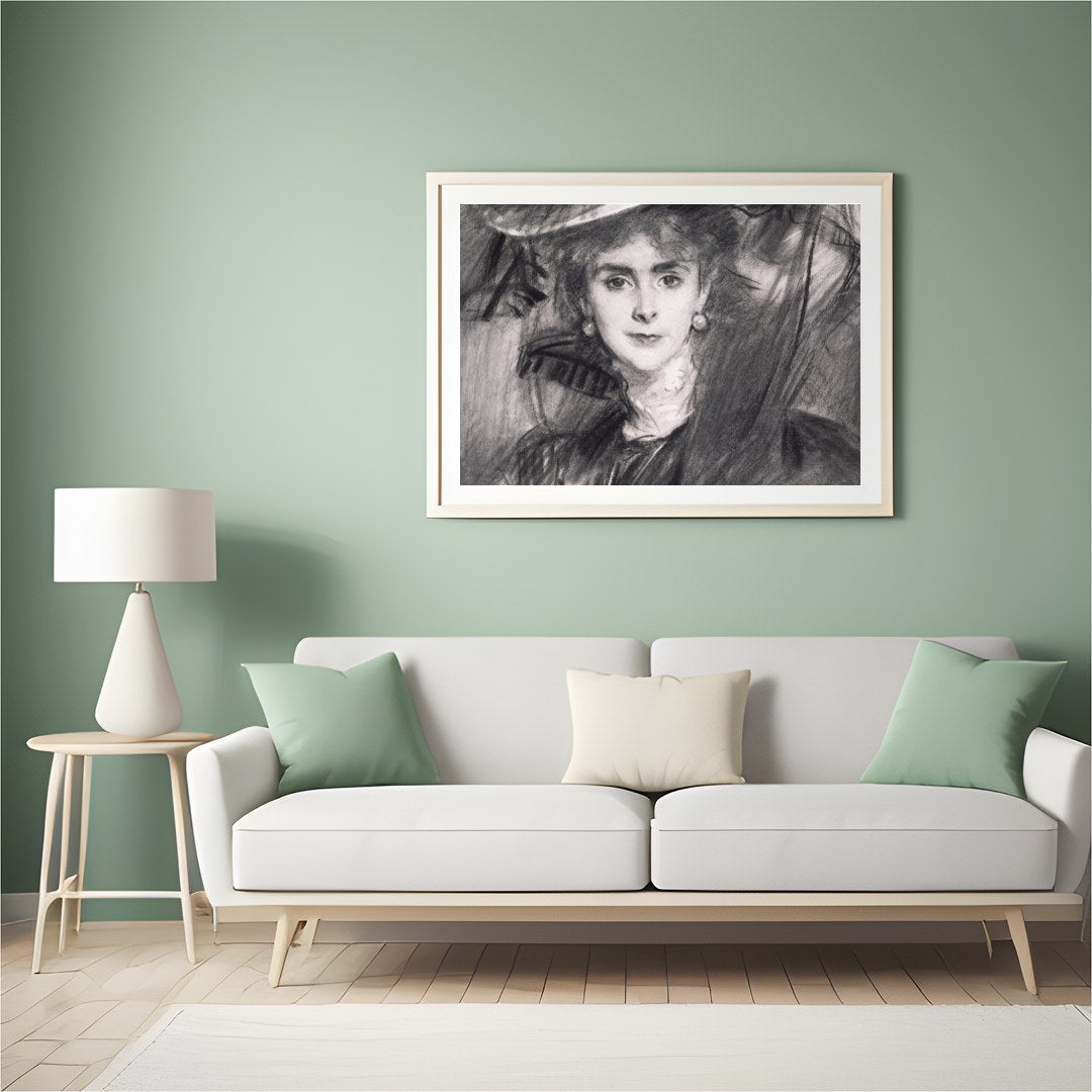 This exquisite charcoal portrait captures the timeless grace and poise of a lady from a bygone era. for Hall