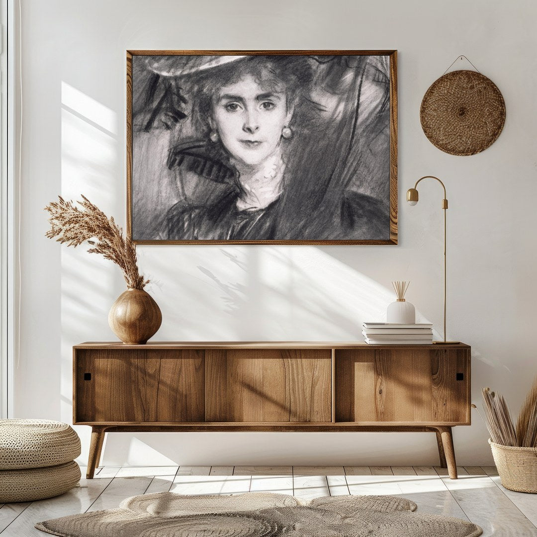 This exquisite charcoal portrait captures the timeless grace and poise of a lady from a bygone era. for Sitting Area