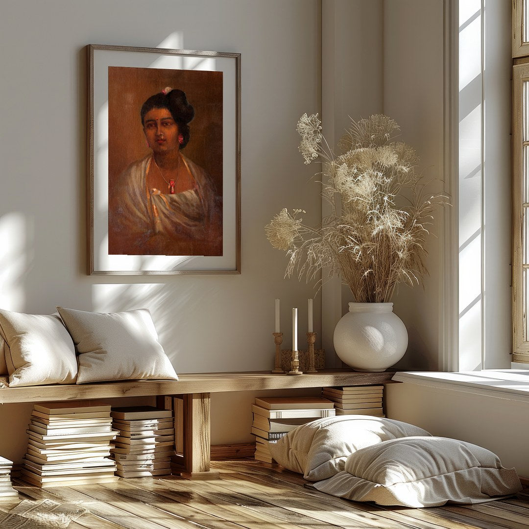 This exquisite portrait captures the grace and elegance of a woman adorned in traditional attire. for area