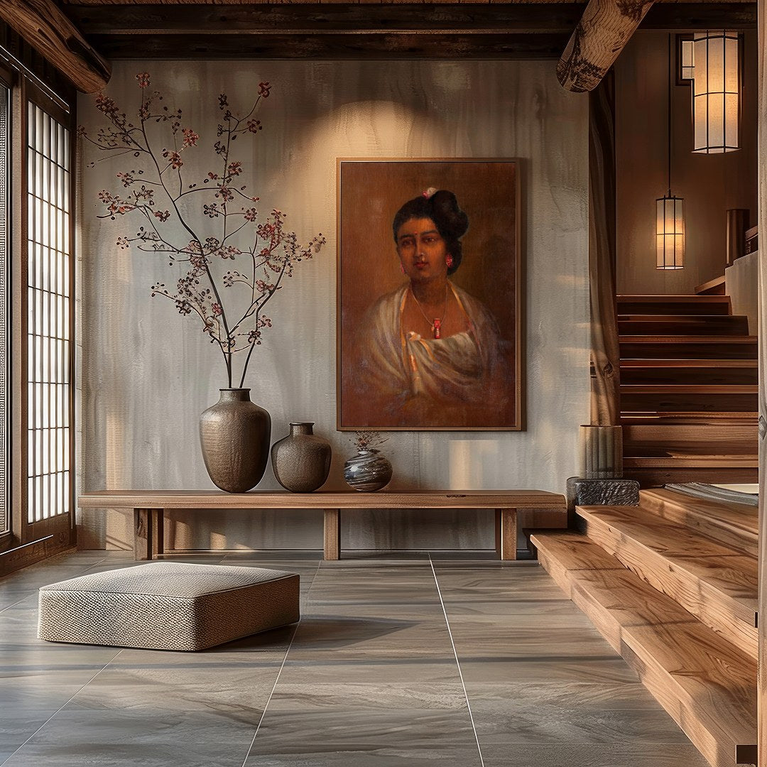 This exquisite portrait captures the grace and elegance of a woman adorned in traditional attire. for Hall
