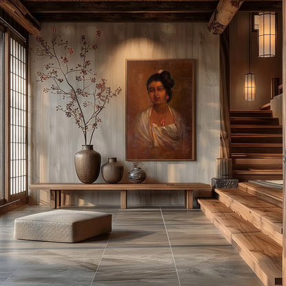 This exquisite portrait captures the grace and elegance of a woman adorned in traditional attire. for Hall
