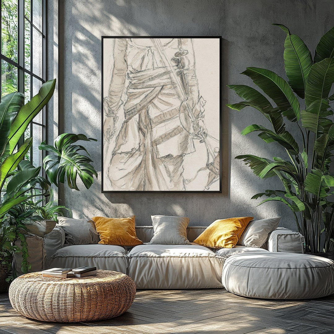 This exquisite sketch captures the essence of a nomadic traveler, detailed in traditional attire. for Balcony