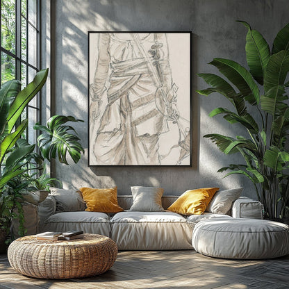 This exquisite sketch captures the essence of a nomadic traveler, detailed in traditional attire. for Balcony
