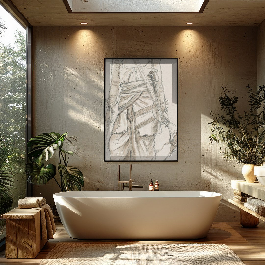 This exquisite sketch captures the essence of a nomadic traveler, detailed in traditional attire. for Bathroom