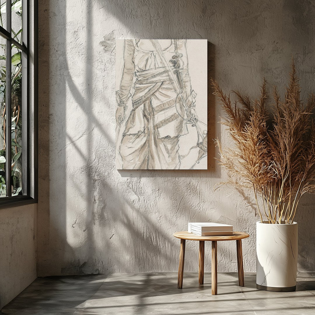 This exquisite sketch captures the essence of a nomadic traveler, detailed in traditional attire. for Entrance