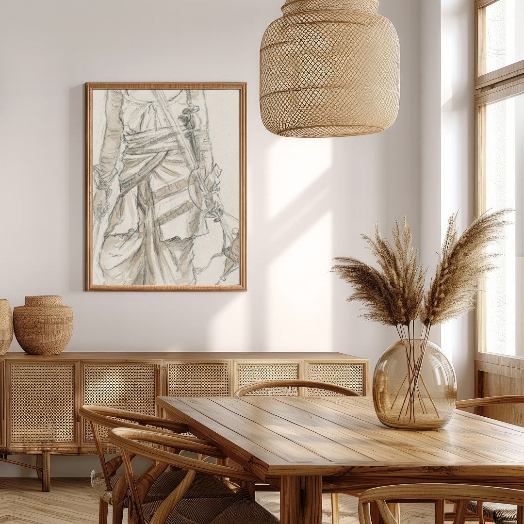 This exquisite sketch captures the essence of a nomadic traveler, detailed in traditional attire. for Extra Kitchen