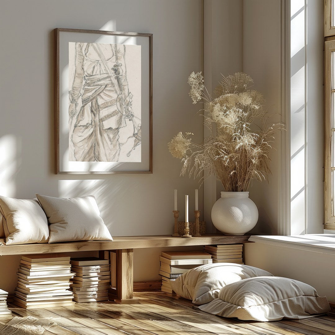 This exquisite sketch captures the essence of a nomadic traveler, detailed in traditional attire. for hallway
