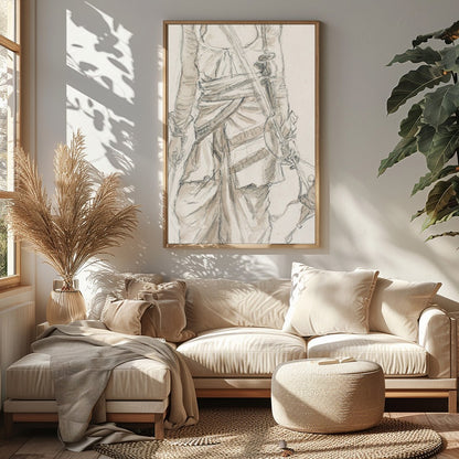 This exquisite sketch captures the essence of a nomadic traveler, detailed in traditional attire. for Sitting Area