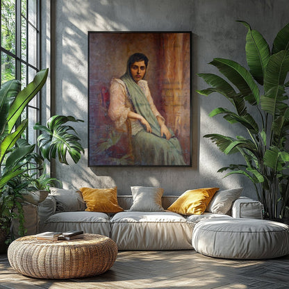 This exquisite portrait captures the grace and elegance of a seated woman draped in soft fabrics. for Balcony