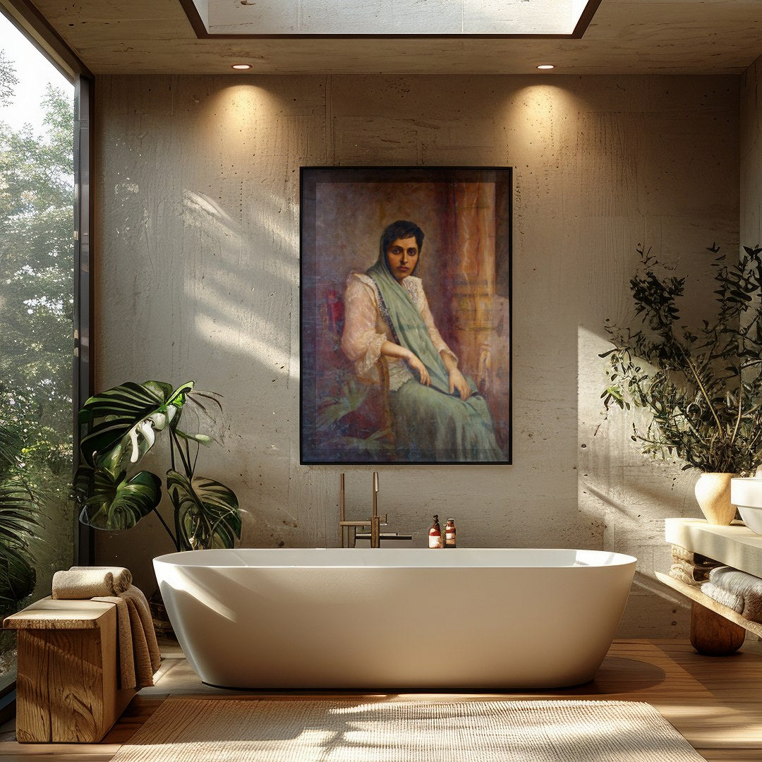 This exquisite portrait captures the grace and elegance of a seated woman draped in soft fabrics. for Bathroom
