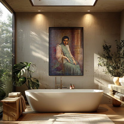 This exquisite portrait captures the grace and elegance of a seated woman draped in soft fabrics. for Bathroom