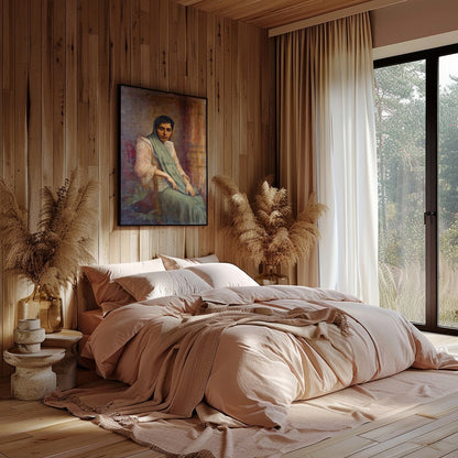 This exquisite portrait captures the grace and elegance of a seated woman draped in soft fabrics. for Bedroom