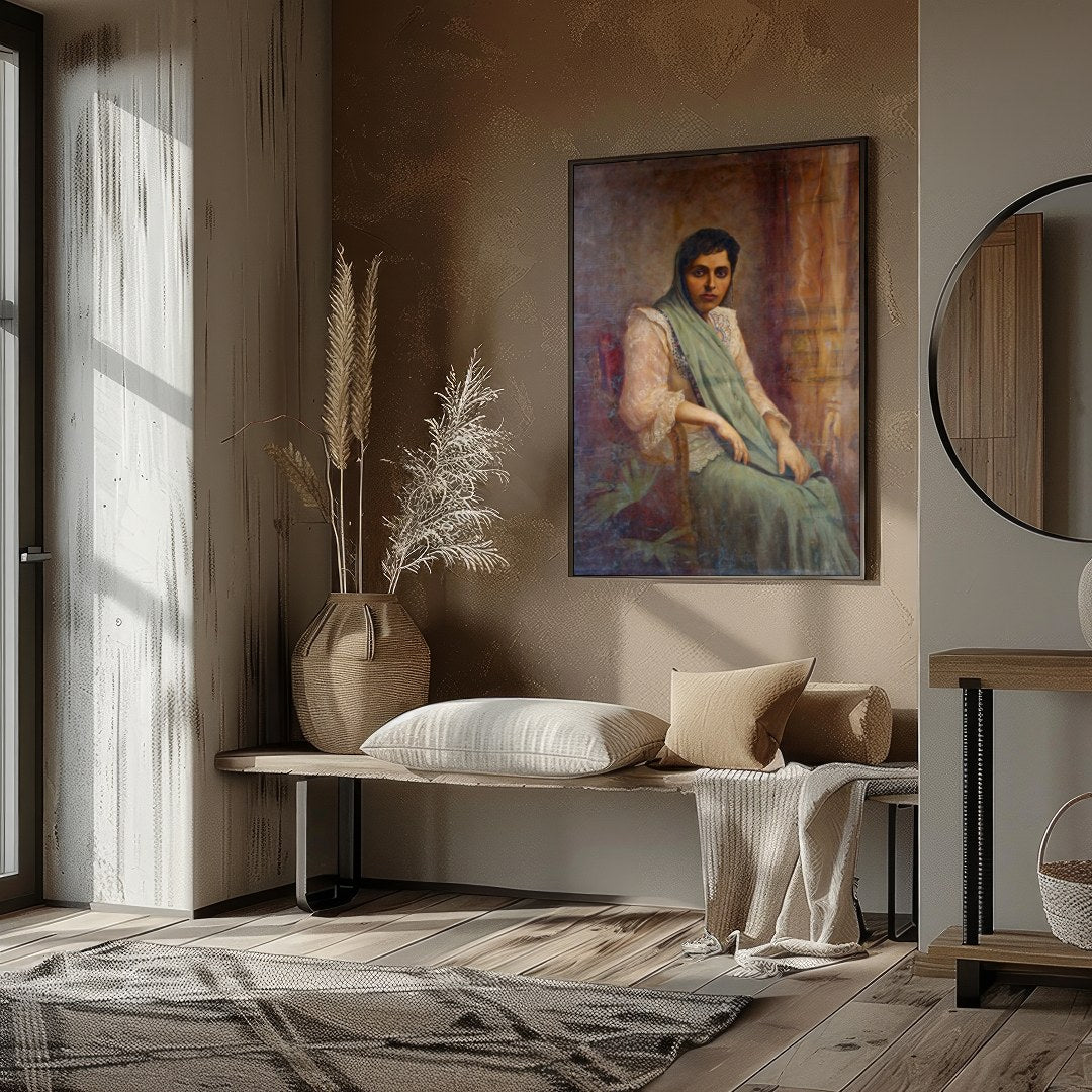 This exquisite portrait captures the grace and elegance of a seated woman draped in soft fabrics. for dwelling