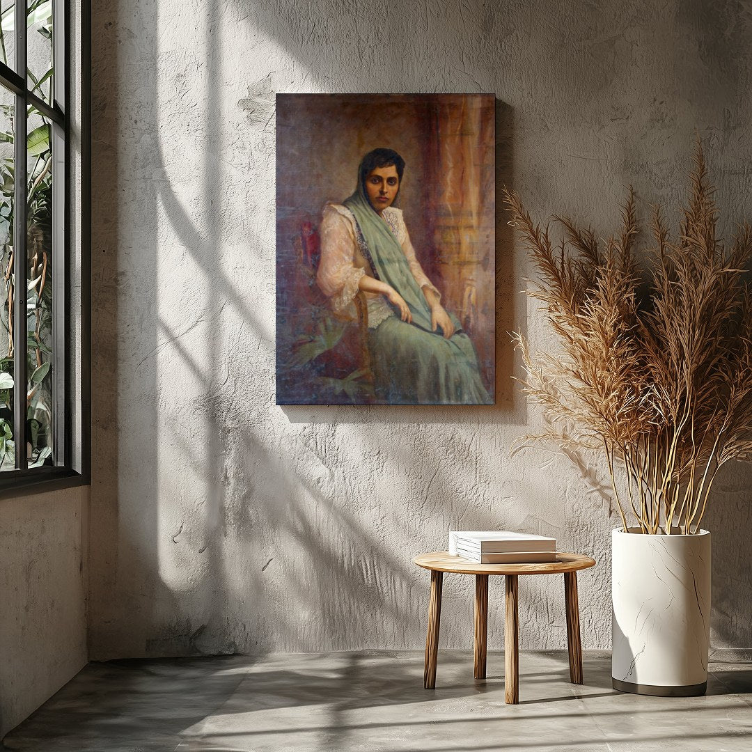 This exquisite portrait captures the grace and elegance of a seated woman draped in soft fabrics. for Entrance