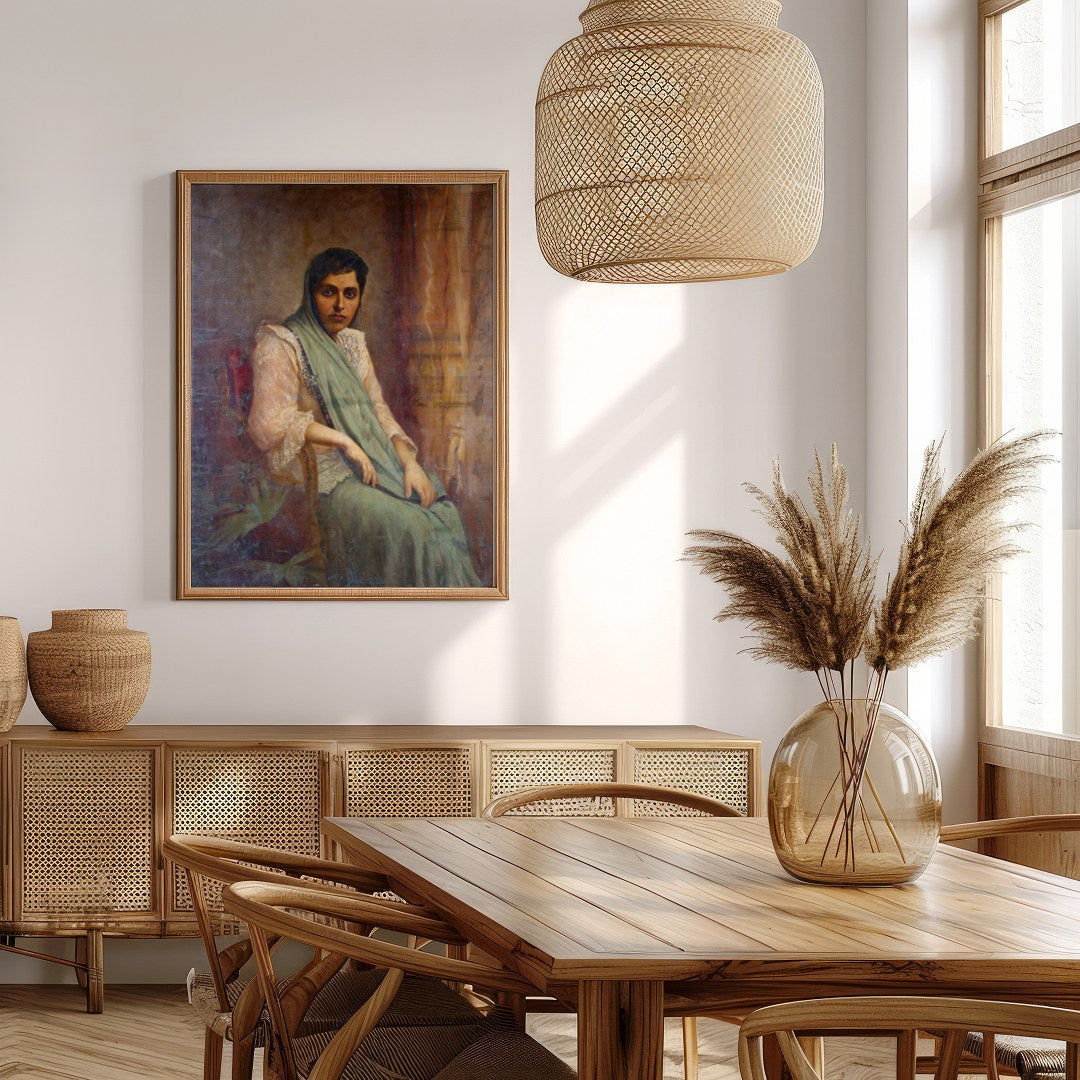 This exquisite portrait captures the grace and elegance of a seated woman draped in soft fabrics. for Extra Kitchen