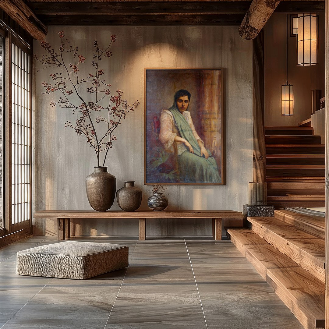 This exquisite portrait captures the grace and elegance of a seated woman draped in soft fabrics. for Hall