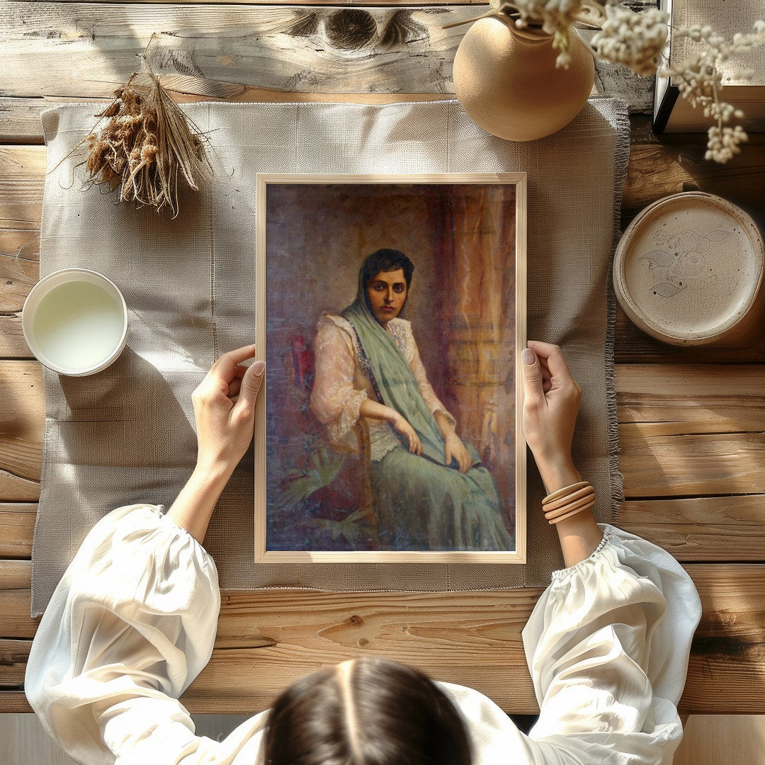 This exquisite portrait captures the grace and elegance of a seated woman draped in soft fabrics. for Kitchen