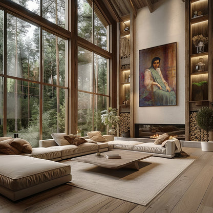 This exquisite portrait captures the grace and elegance of a seated woman draped in soft fabrics. for Living Room