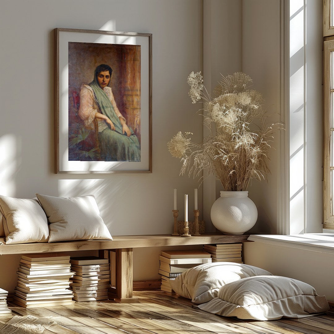 This exquisite portrait captures the grace and elegance of a seated woman draped in soft fabrics. for nook