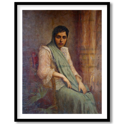 This exquisite portrait captures the grace and elegance of a seated woman draped in soft fabrics. for office