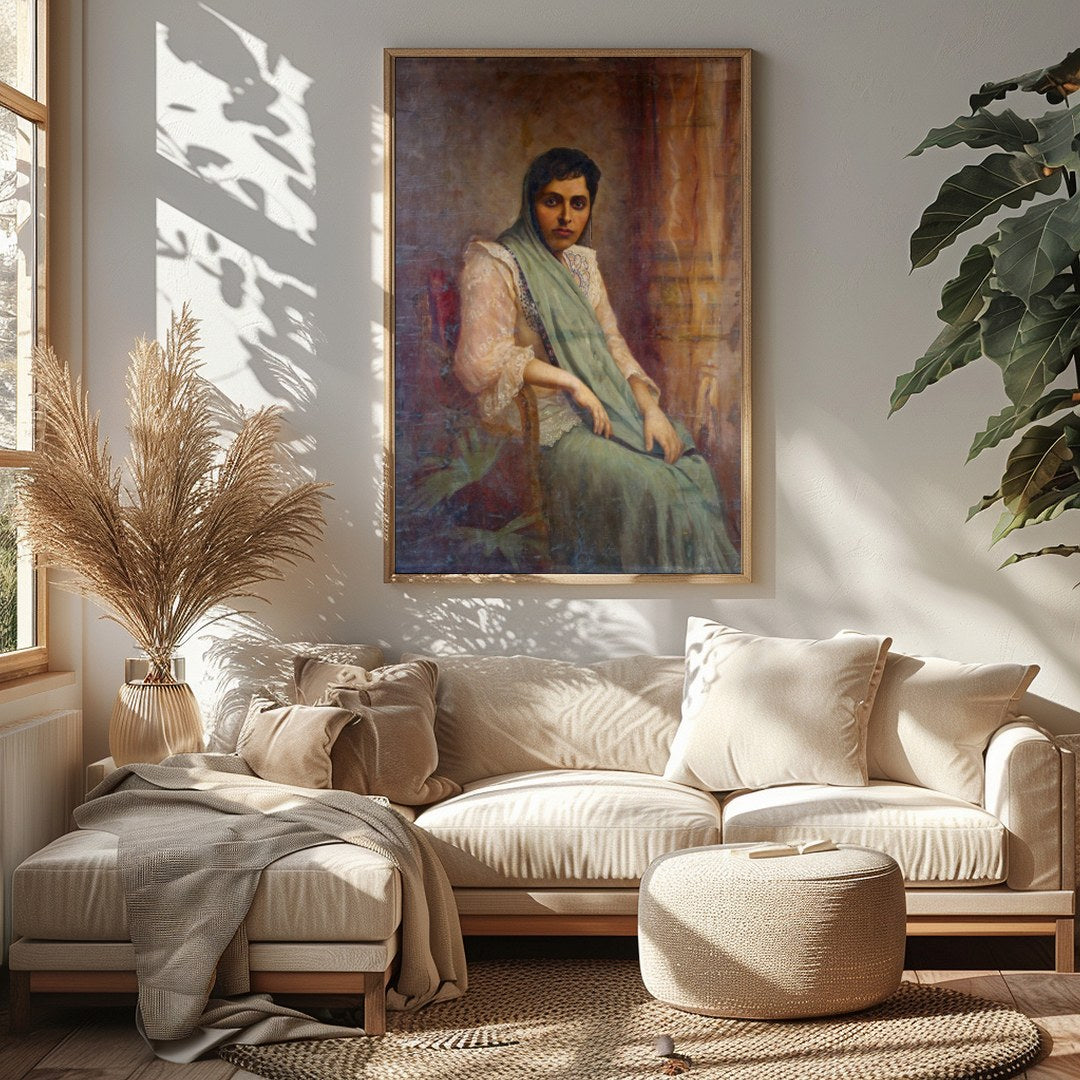 This exquisite portrait captures the grace and elegance of a seated woman draped in soft fabrics. for Sitting Area