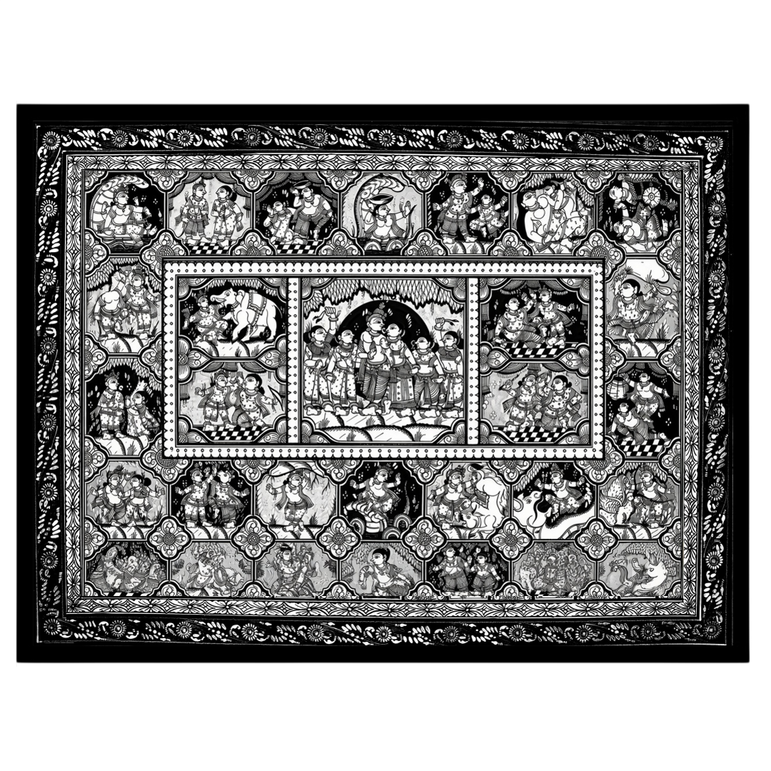 Experience the enchanting narrative of Krishna and Radha in this stunning black and white for area