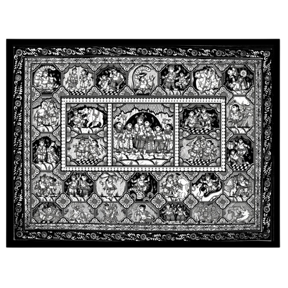 Experience the enchanting narrative of Krishna and Radha in this stunning black and white for area