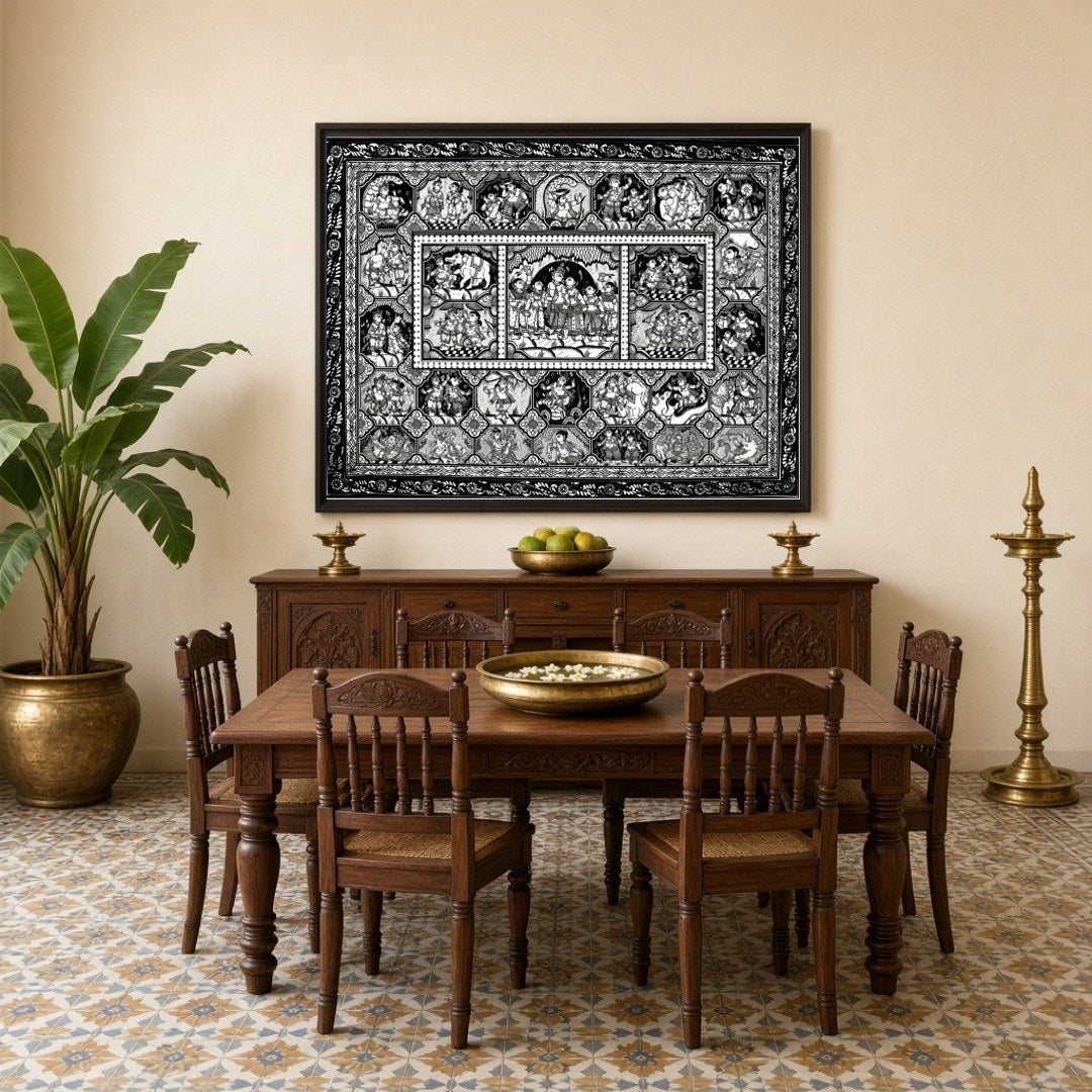 Experience the enchanting narrative of Krishna and Radha in this stunning black and white for Dining
